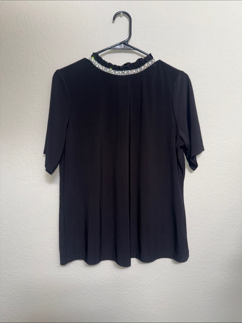 Black Short Sleeve Top with Jeweled Neckline